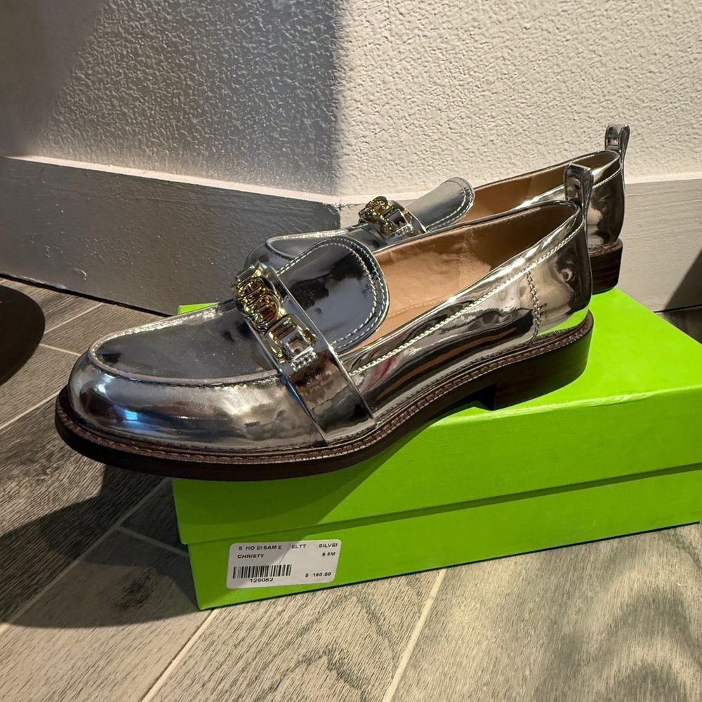 Sam Edelman Christy Silver Metallic Leather Women's Loafers with Chain Accent - Picture 2 of 9